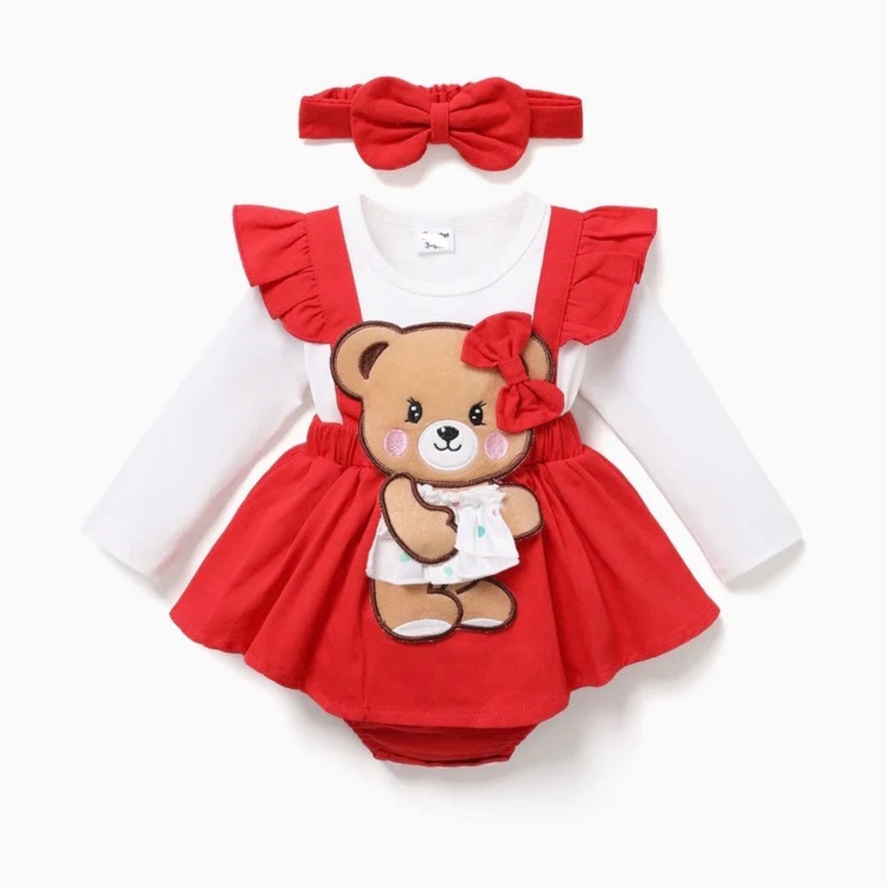 Baby Girl Clothes Bear Style Embroidered Romper with Headband Red, SKU10037